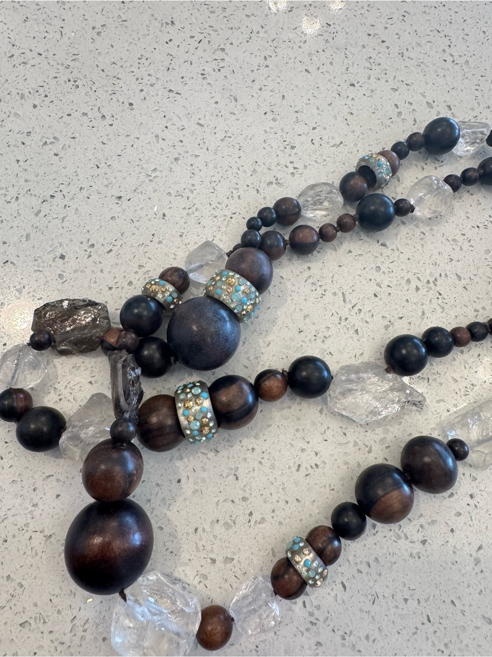 NWT Wood Bead and Crystal Long Necklace with Turquoise Accent